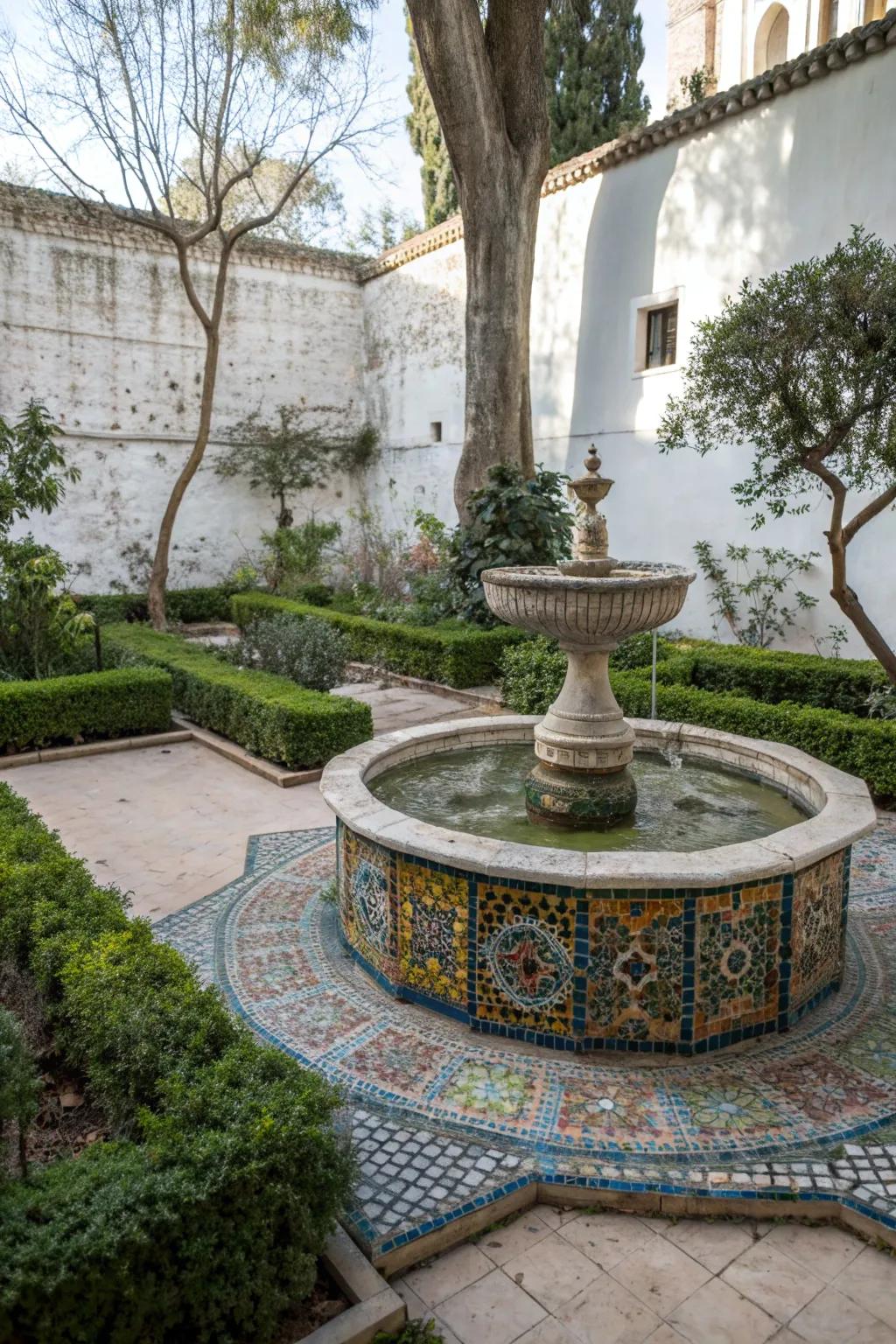 Vibrant mosaic tiles add a splash of color to this courtyard fountain.