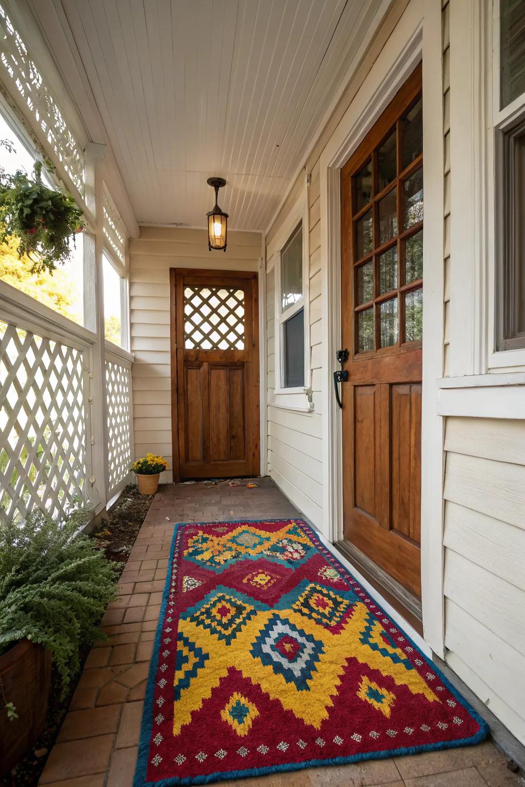 Anchor your seating area with a vibrant outdoor rug.