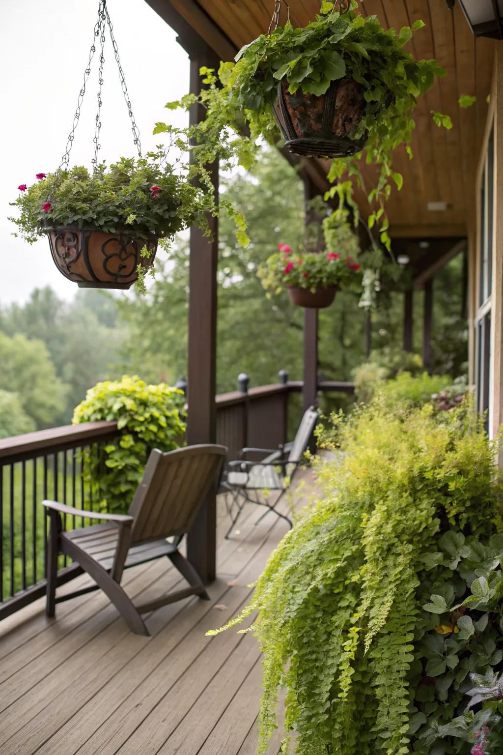 Hanging planters transform your deck into a garden oasis.