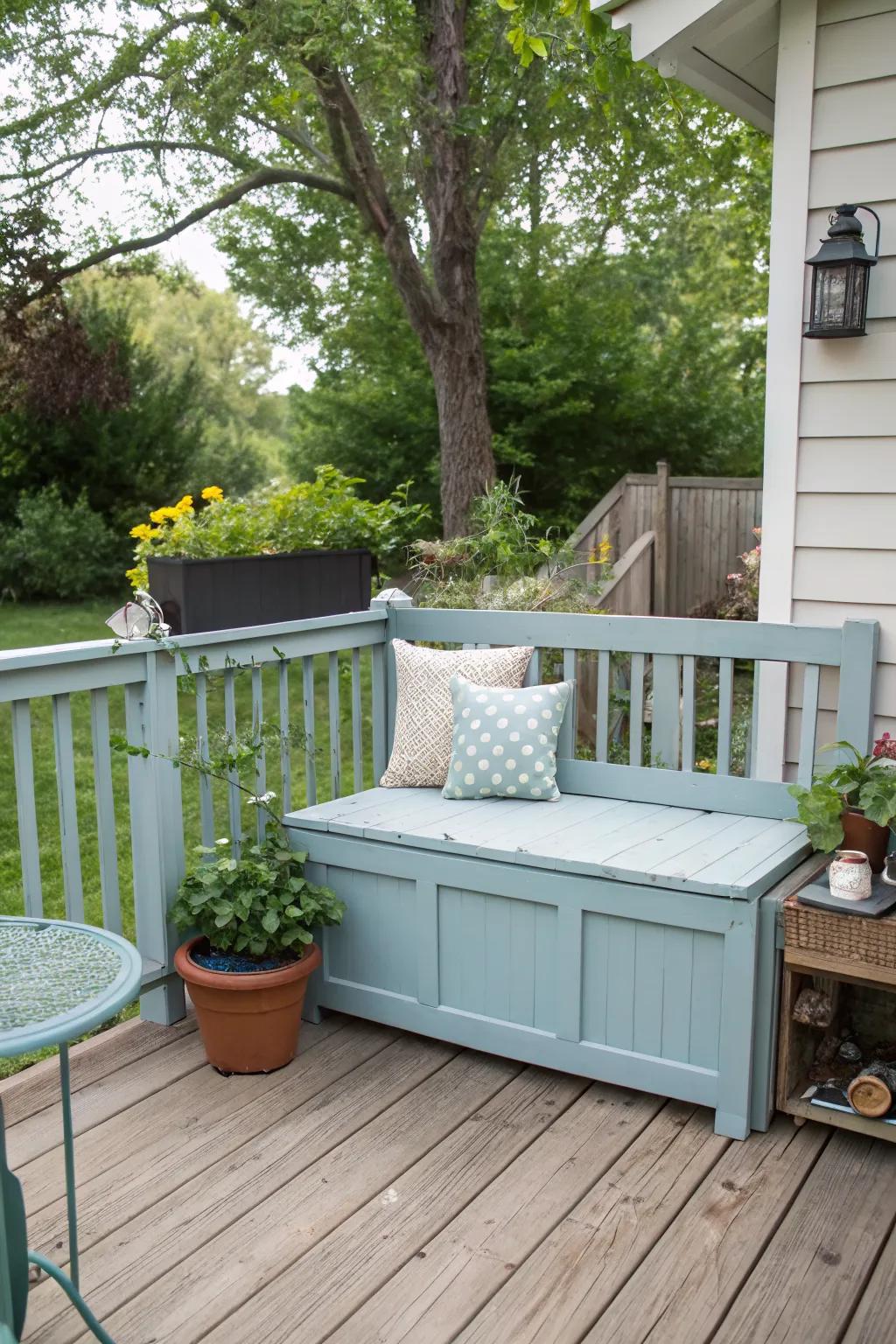 Multipurpose furniture maximizes utility on a small deck.