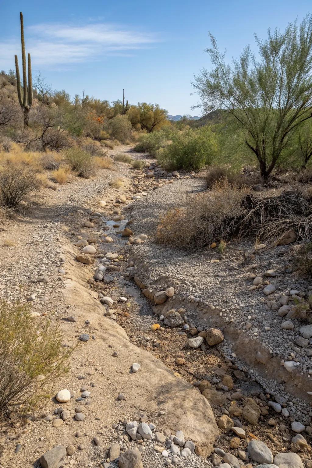 Dry creek beds enhance visual interest and improve drainage.