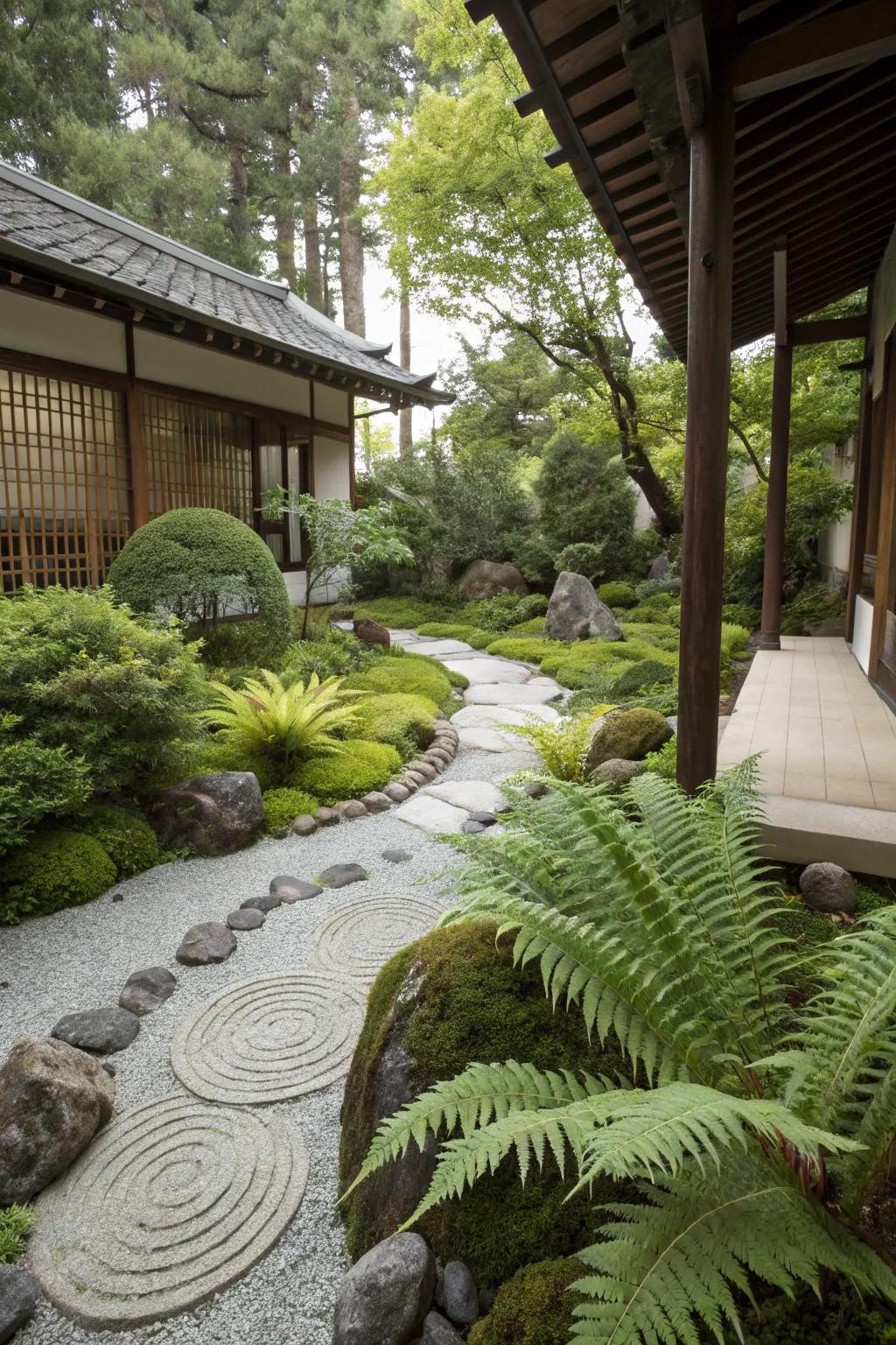 Ferns adding serenity to a Zen-inspired garden.