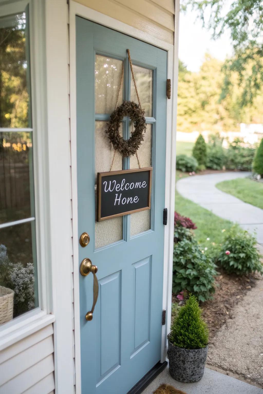 Personalized signage adds a welcoming touch to a small front door.