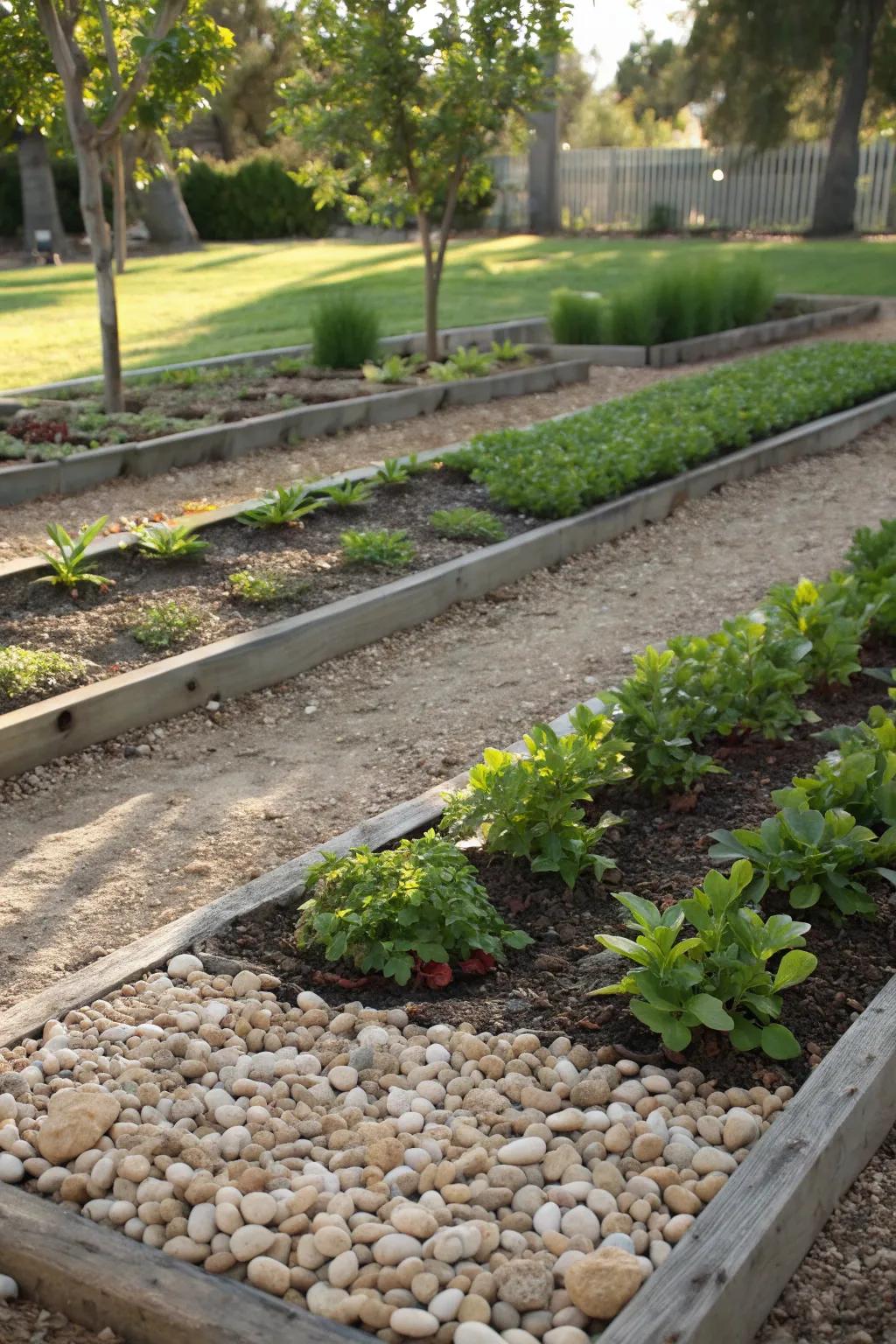 Pebble mulch keeps gardens tidy and low-maintenance.