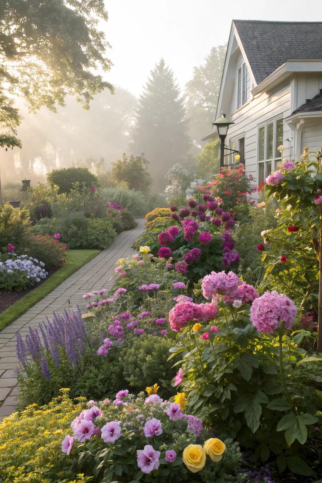 Seasonal flowers ensure year-round garden vibrancy.