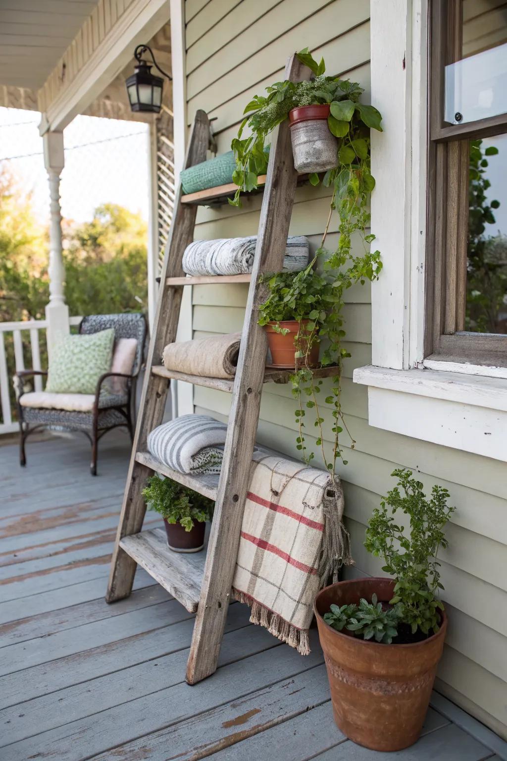 Repurposed ladders add vertical interest and functionality.