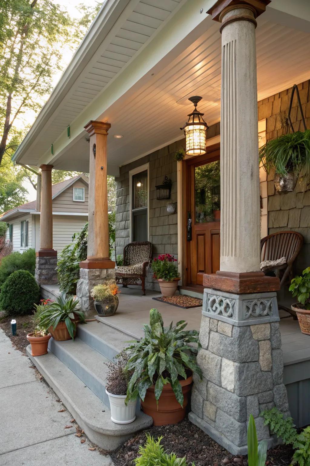 A mix of materials in columns showcases personalized style on this unique porch.