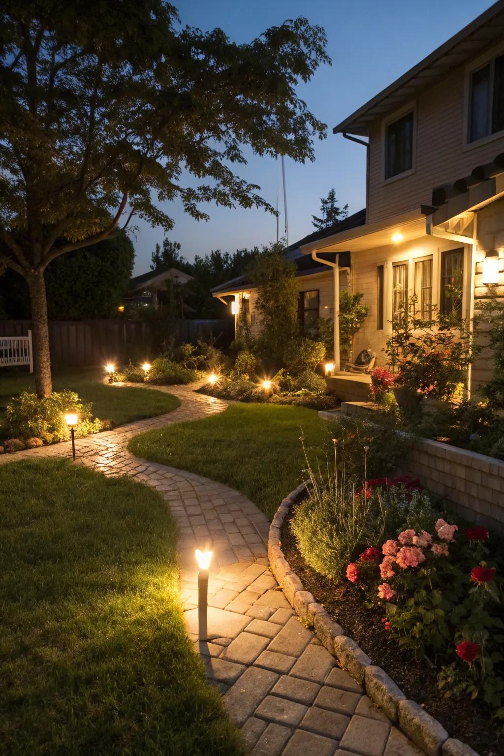 Solar lights create an enchanting evening ambiance.