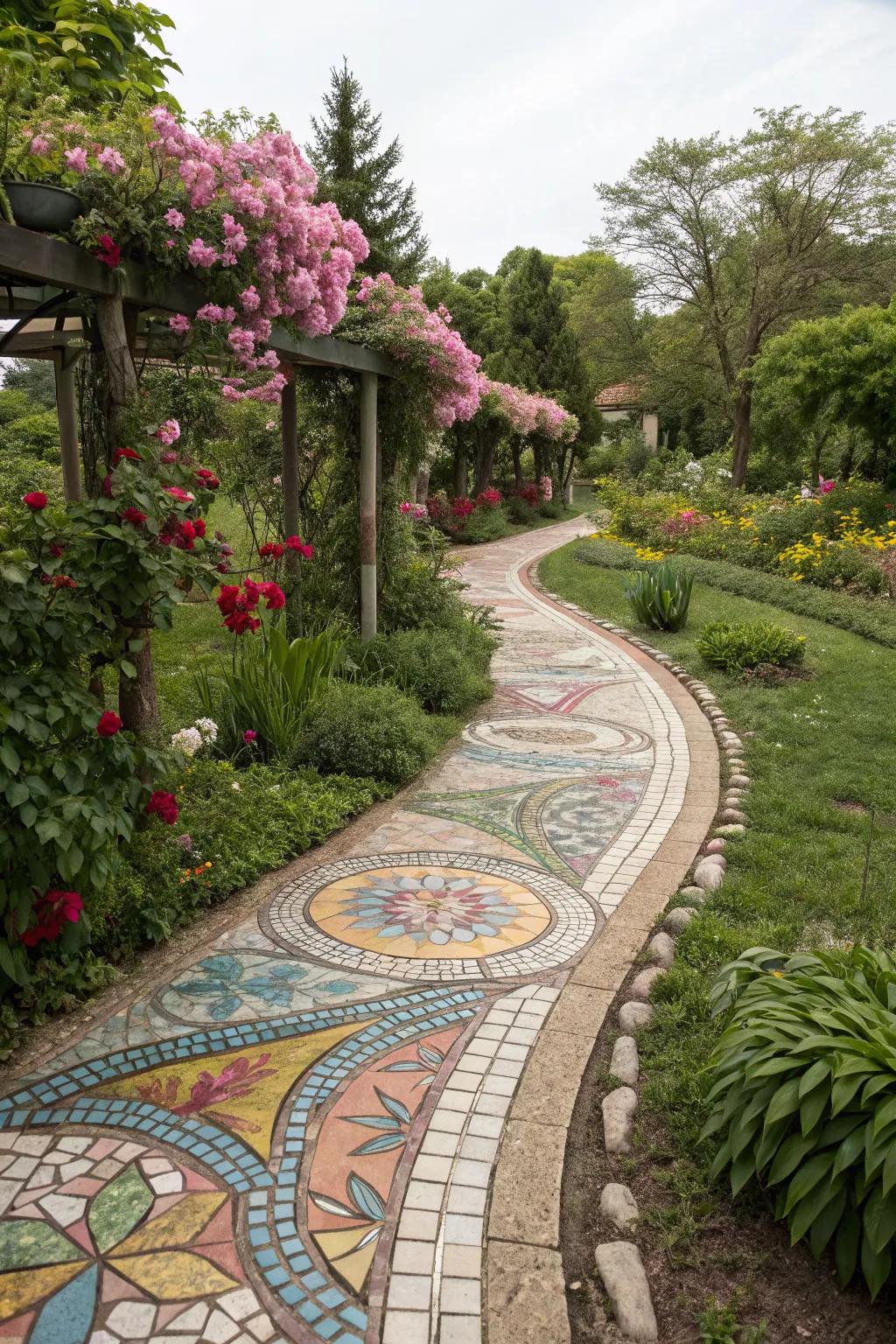 A garden path featuring a colorful mosaic design that complements the roses.