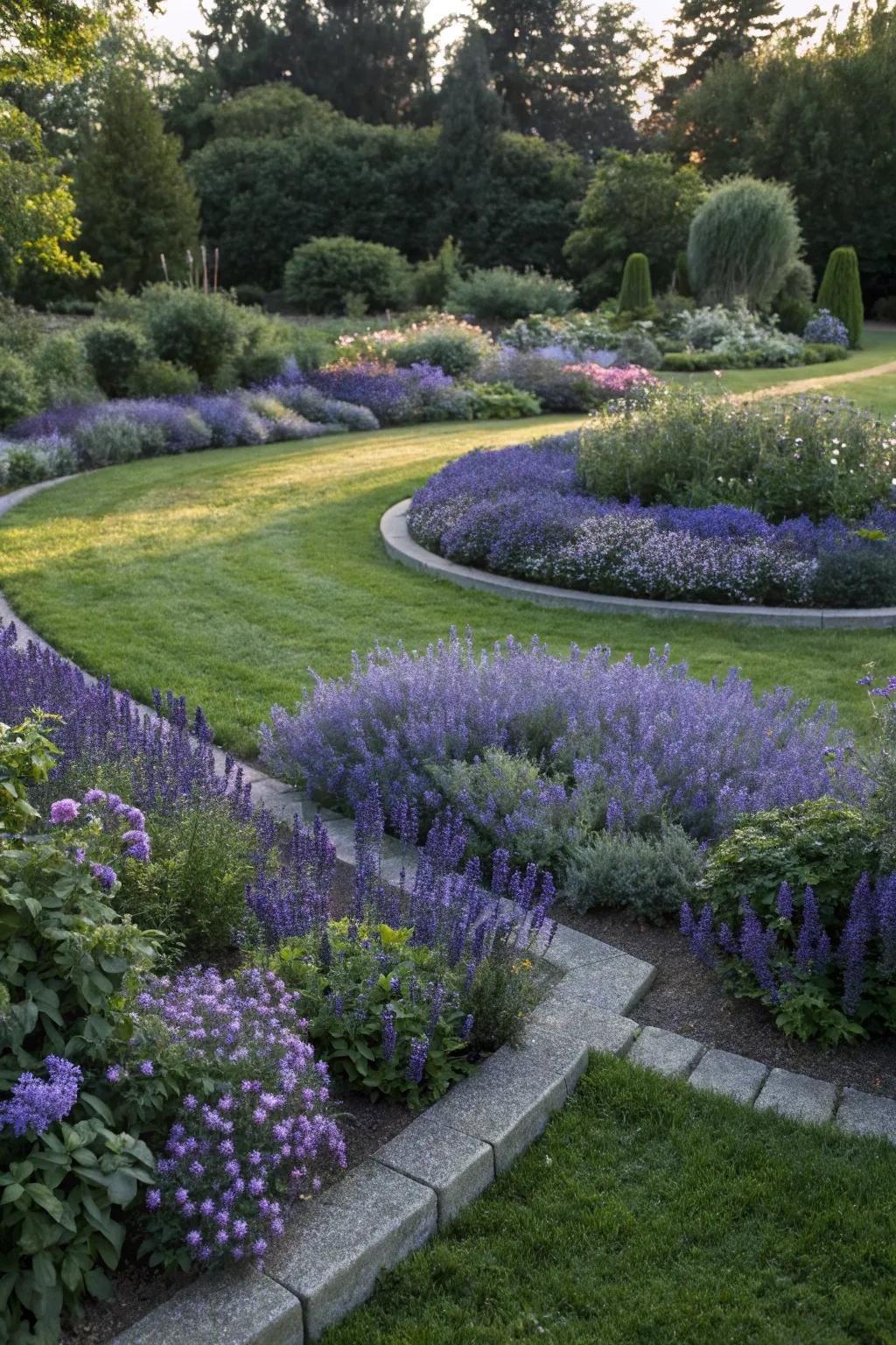 Cool-toned plants create a calming effect around the circular lawn.