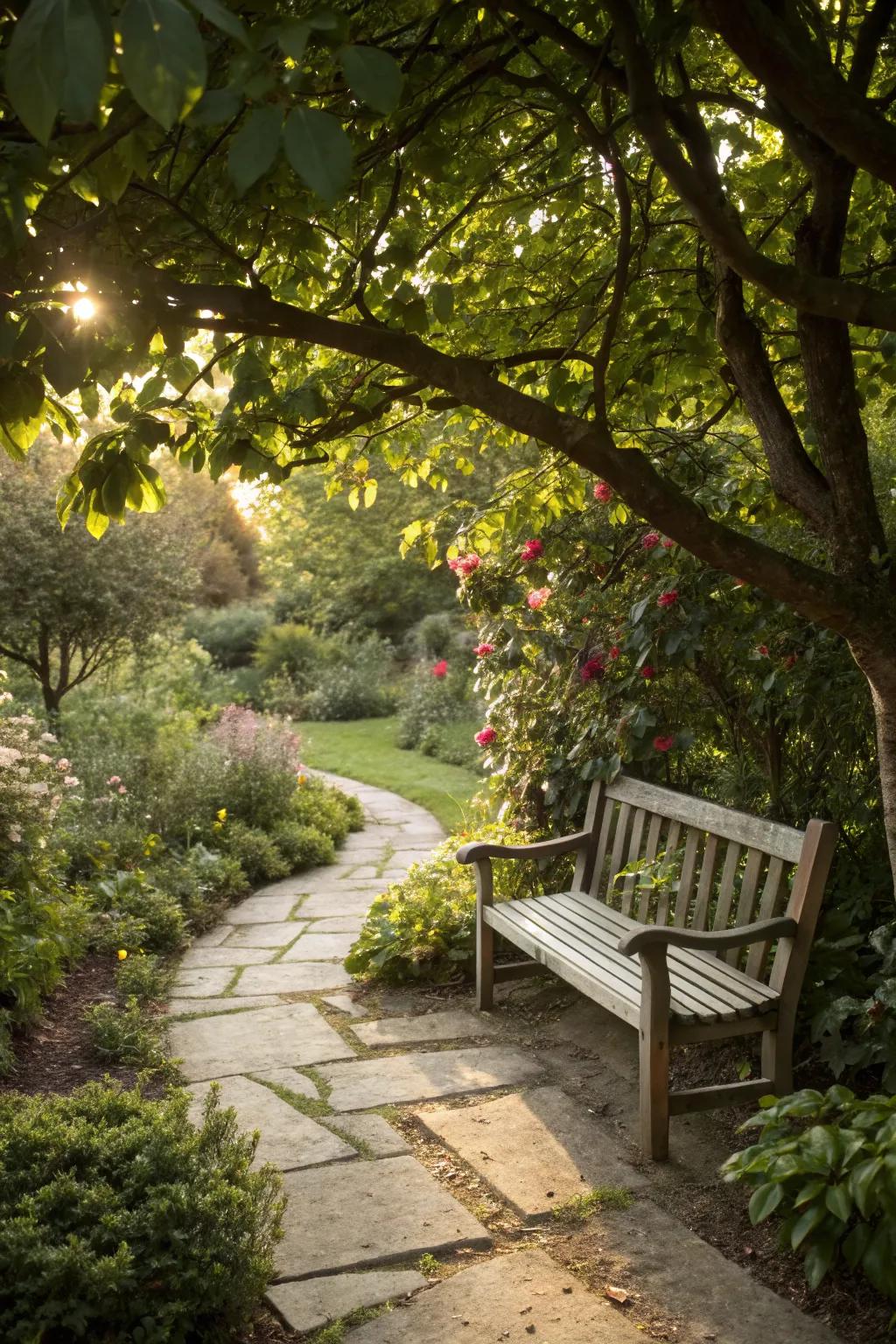 A meditative nook invites peace and reflection in the garden.