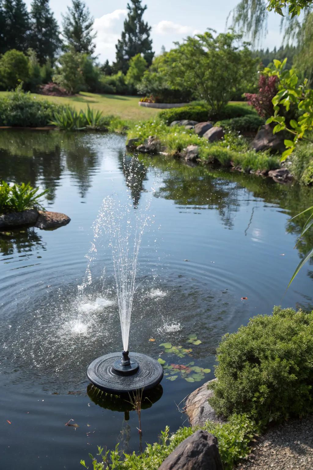 A floating fountain is a unique garden feature.