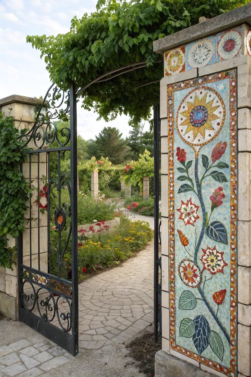 An artistic mosaic gate for a vibrant entrance.