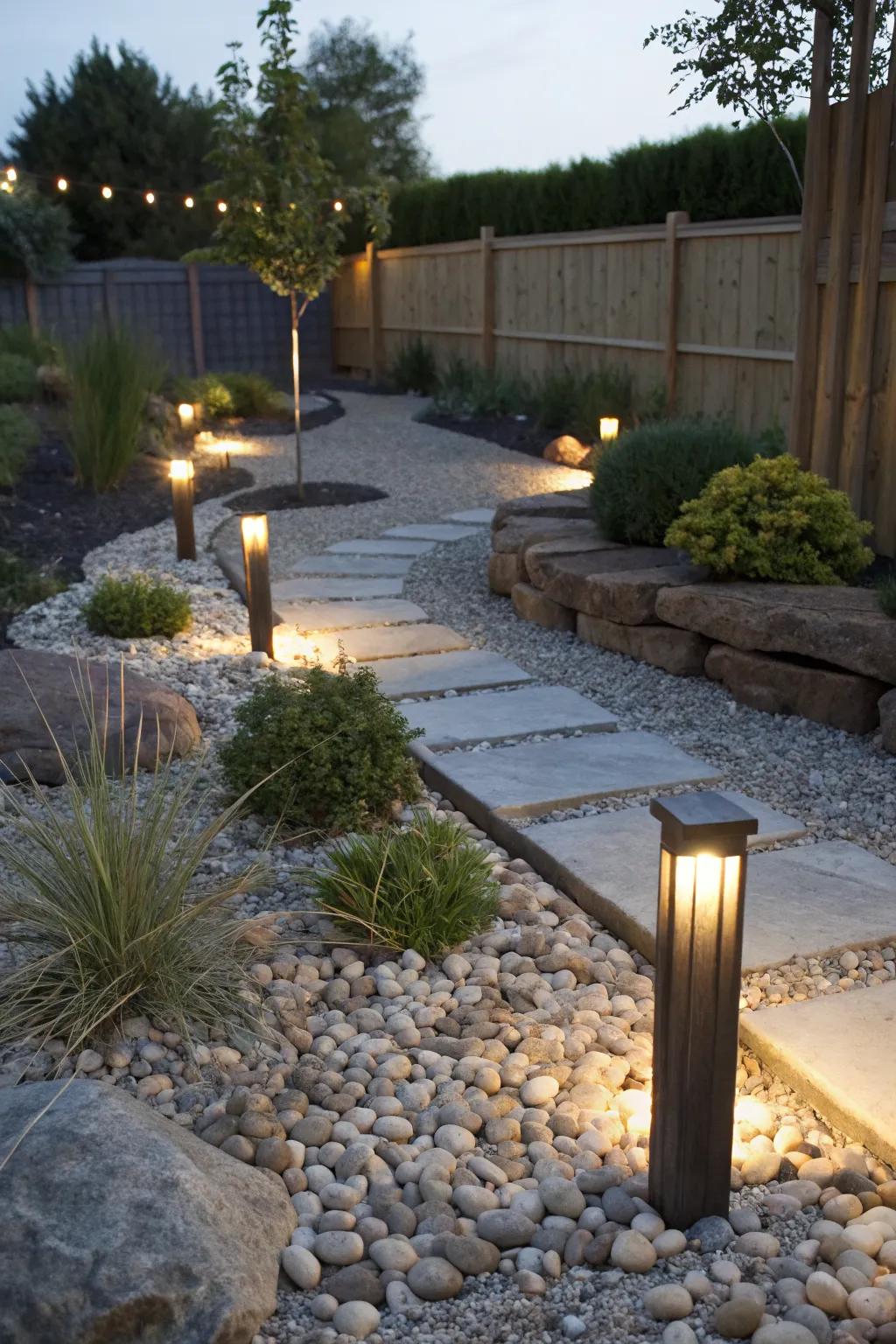 Lighting transforms gravel gardens into magical nighttime spaces.