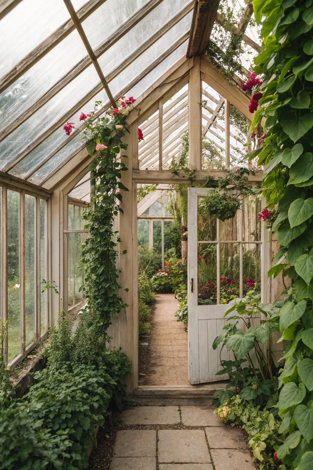 A greenhouse with a decorative trellis, perfect for climbing plants.
