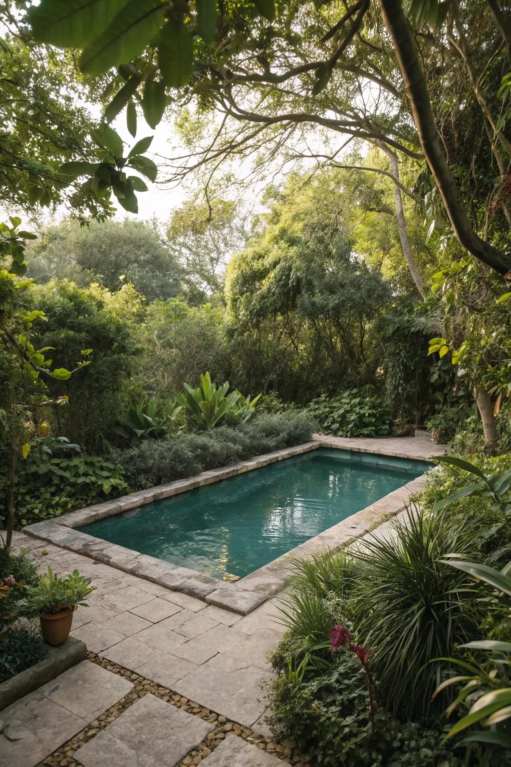 Eco-friendly plants create a lush, inviting pool environment.