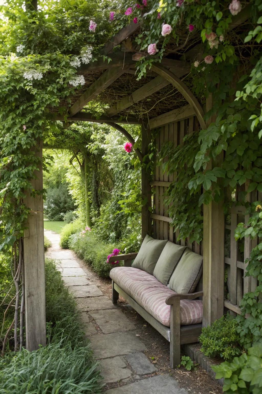 A hidden garden nook with climbing plants offers a secret retreat.