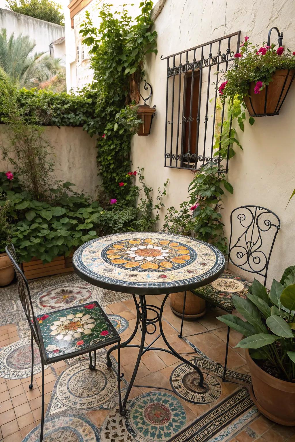 Mosaic accents adding artistic flair to a small patio.