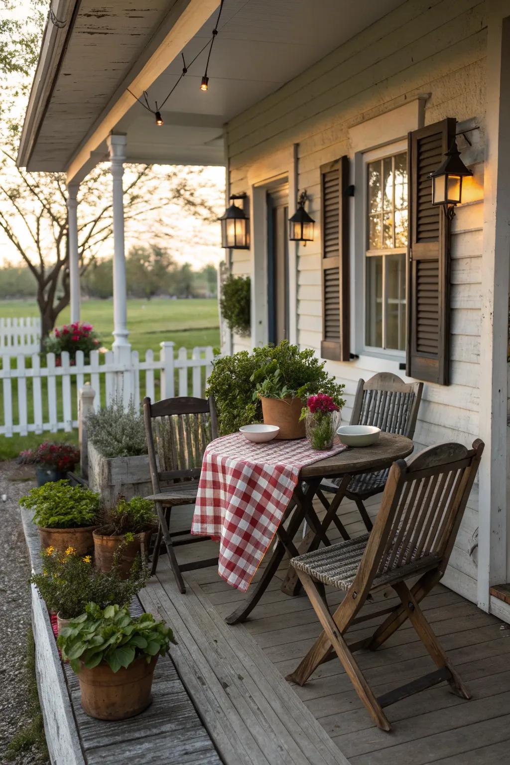 A welcoming outdoor seating area on a farmhouse porch