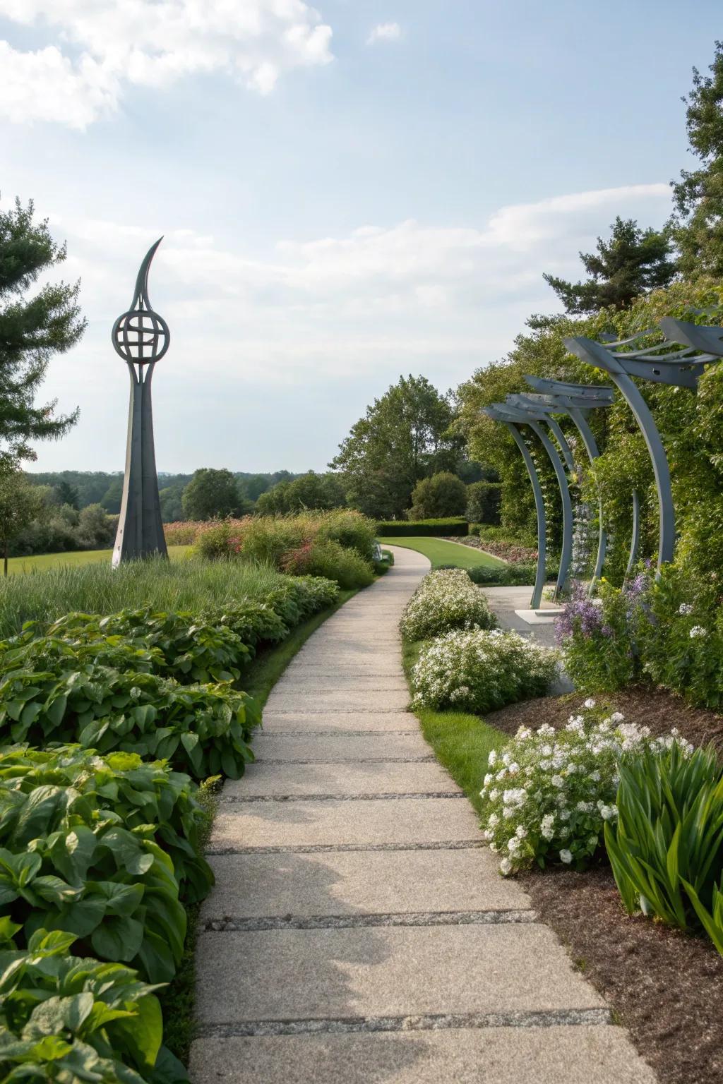 A garden path leading to an artistic focal point.