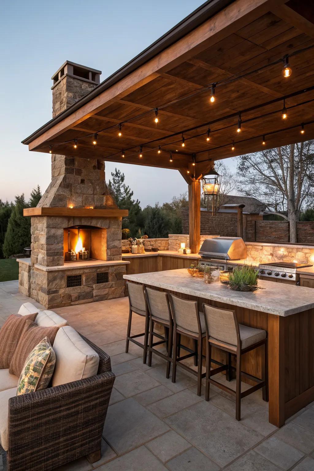 An outdoor fireplace adds warmth and charm to your kitchen.