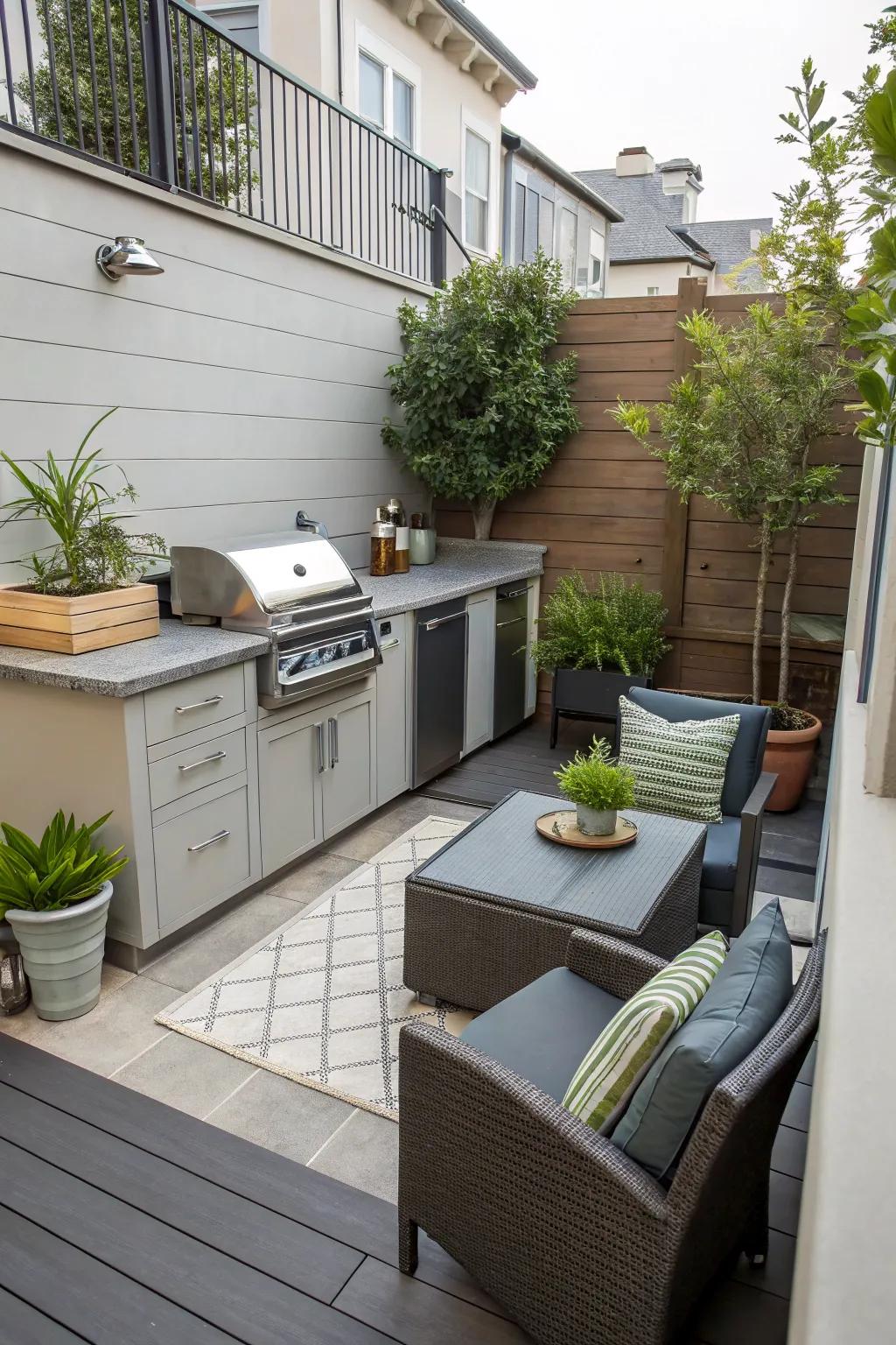 A small kitchenette enhances dining experiences on a patio.