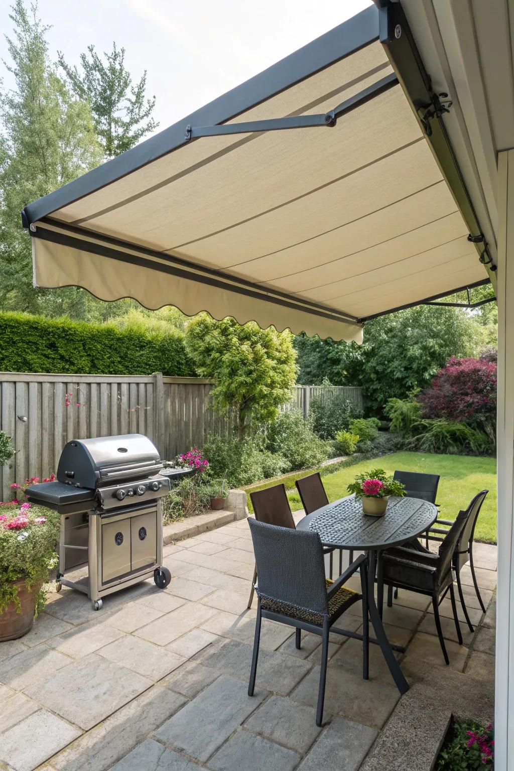 An extendable awning offers adjustable shade in a small BBQ area.