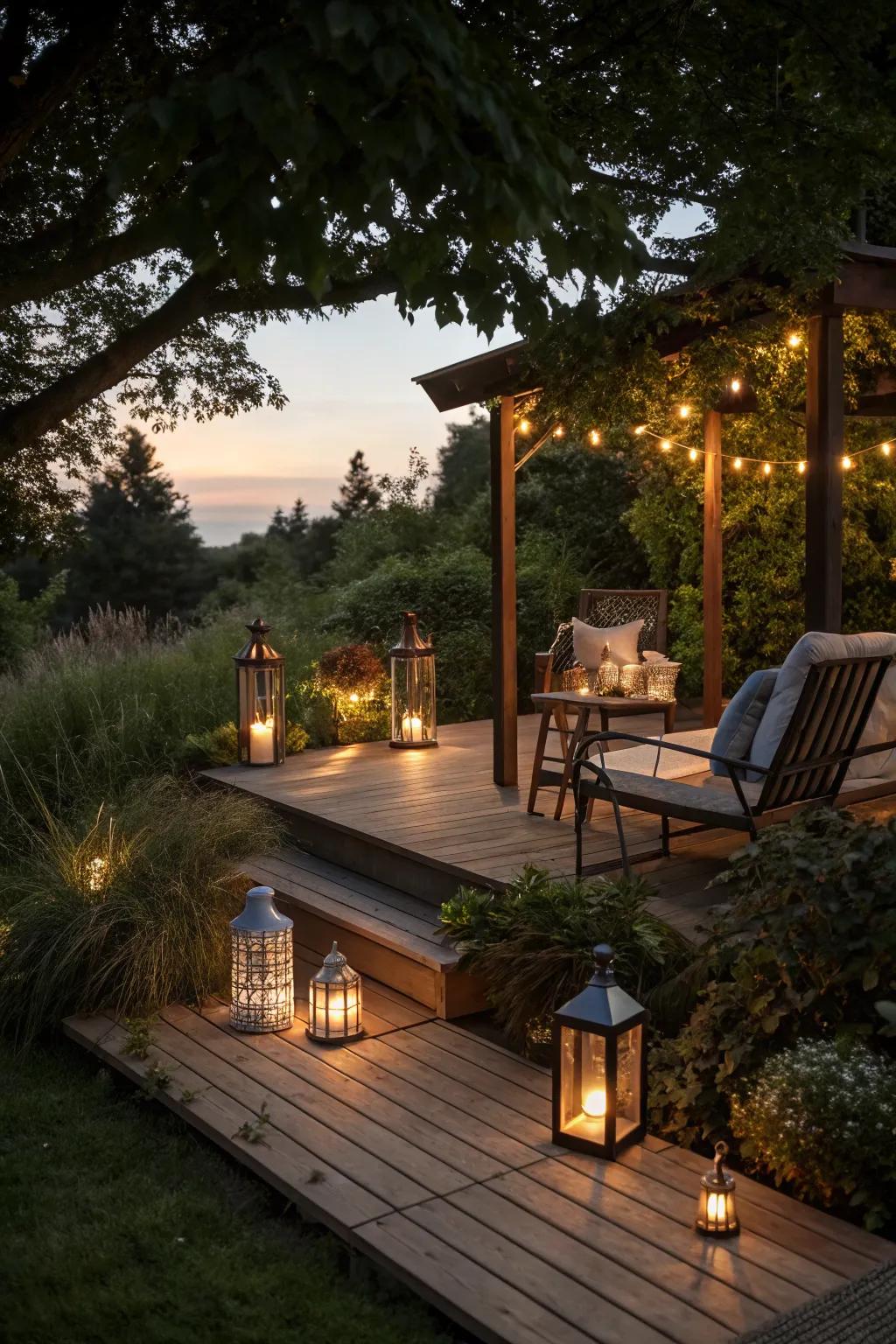 Decorative lighting adding a magical glow to a small deck.