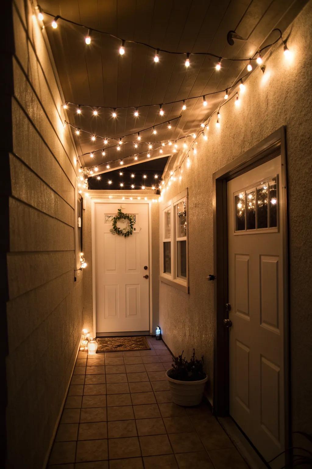 Bistro lights create a cozy and inviting atmosphere.