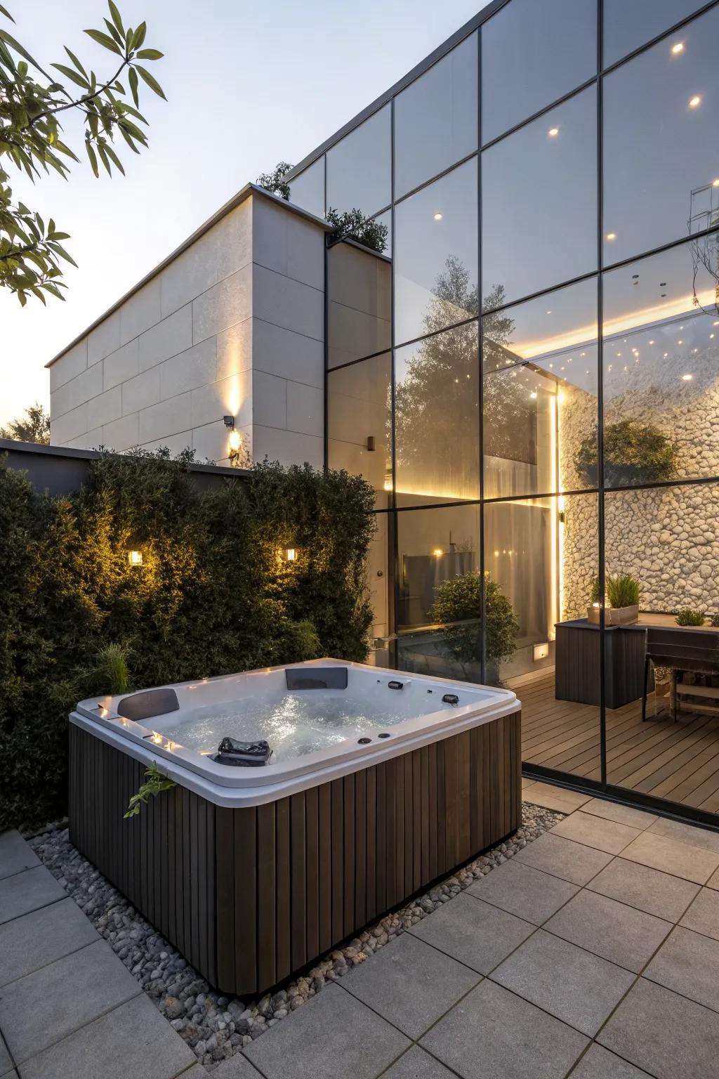 A reflective wall creates the illusion of a larger patio.