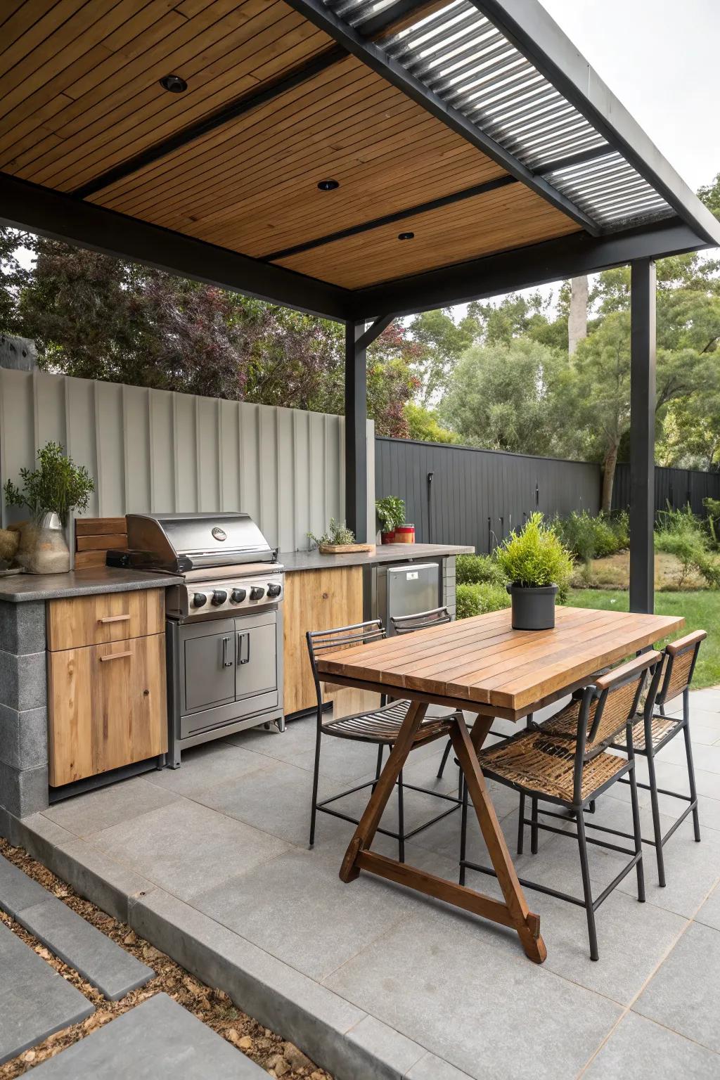 Weather-resistant materials ensuring durability in a patio kitchen.