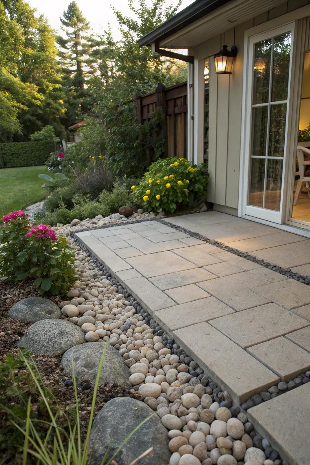 A pebble border can beautifully enhance any patio space.