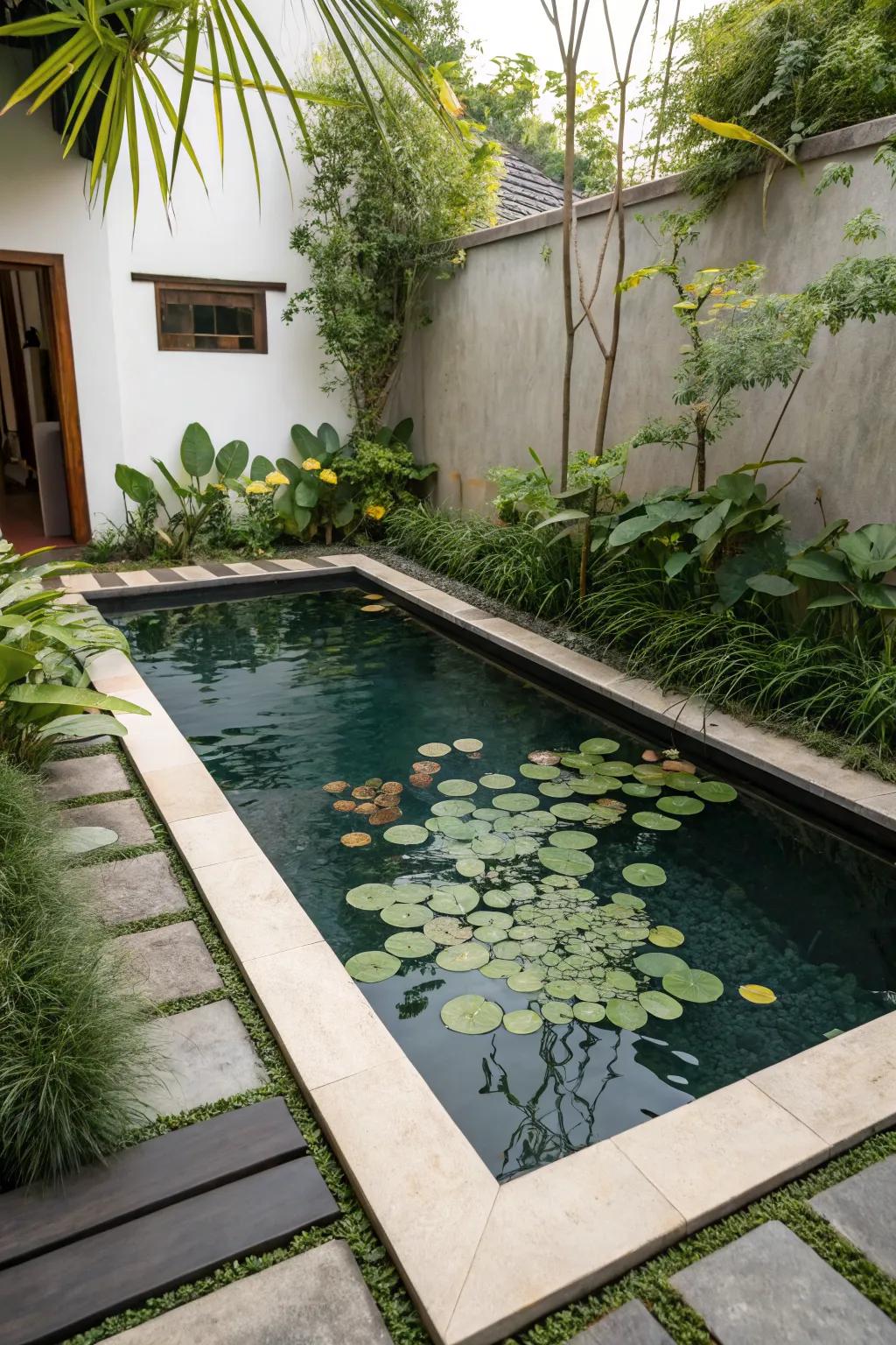 Floating plants bringing nature to a small pool.