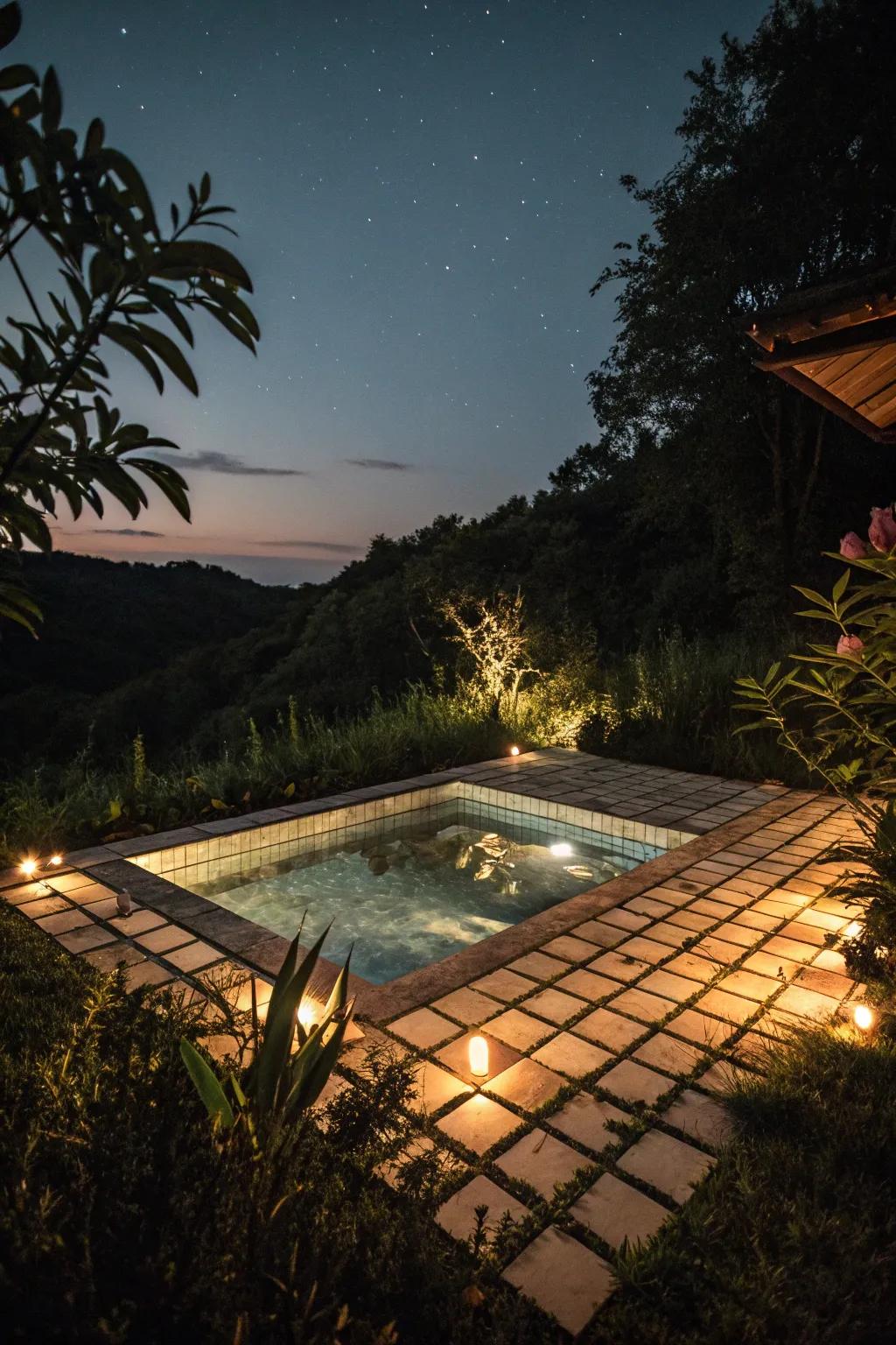 Illuminated tiles create an enchanting pool atmosphere.