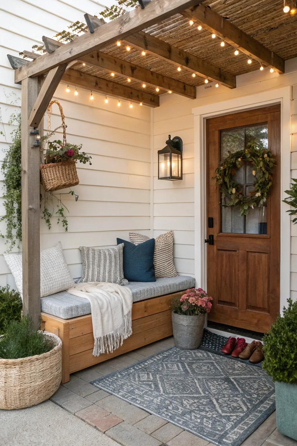 Compact storage solutions keep your porch organized and tidy.