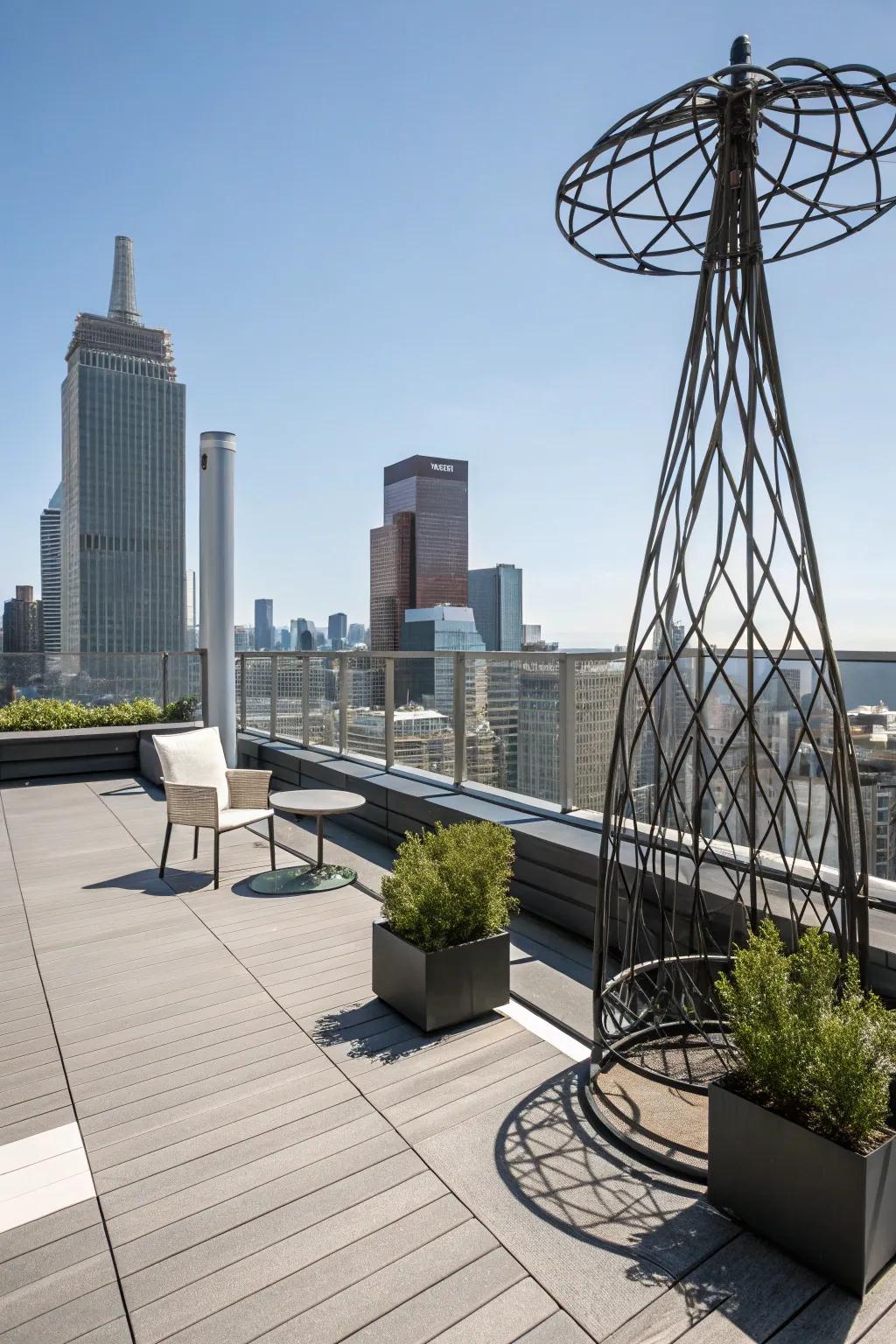 Art pieces add a unique flair to your rooftop.
