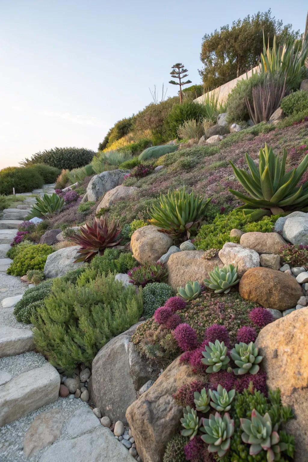 Rock gardens offer low-maintenance beauty.