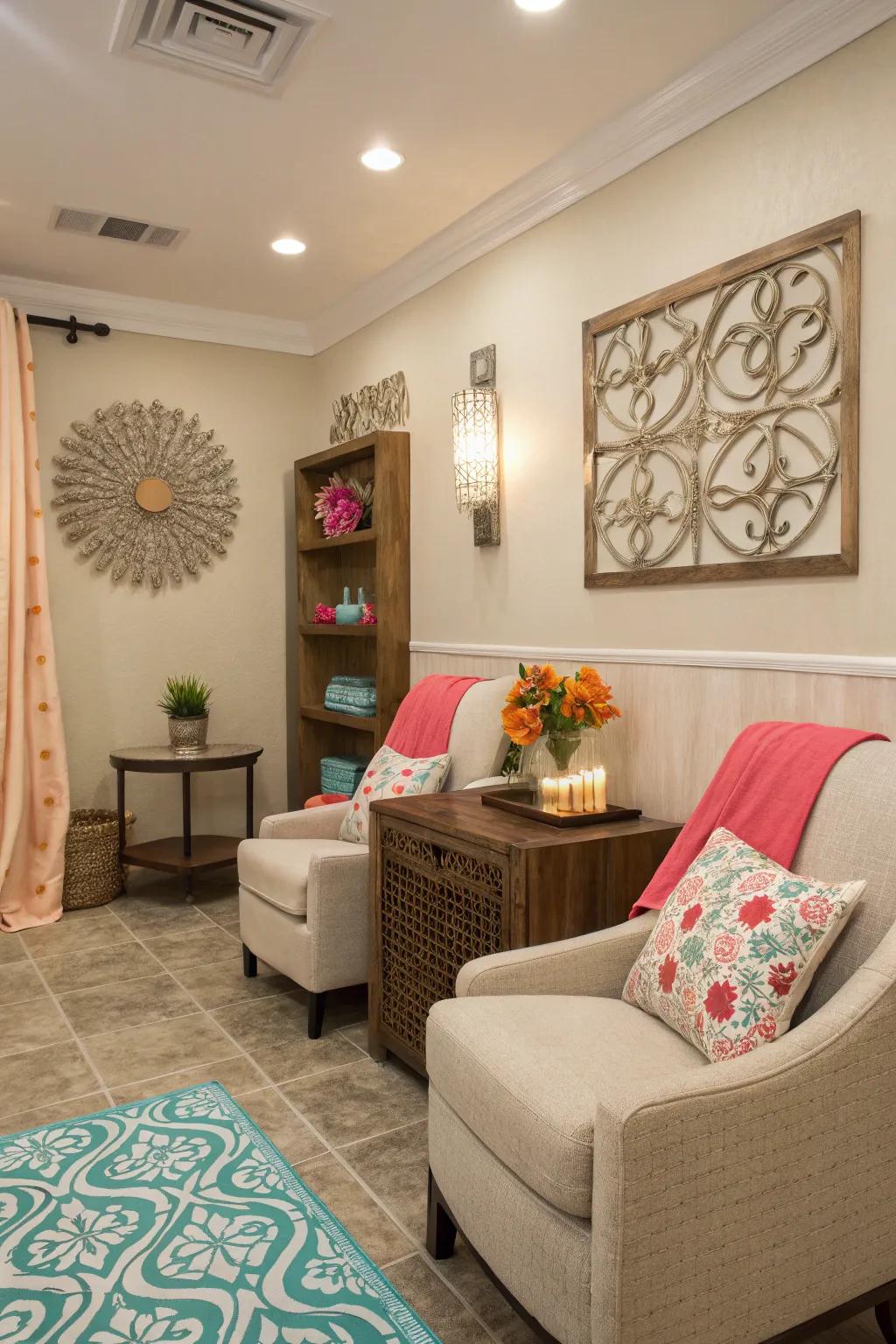 Pops of color add vibrancy to the neutral-toned space.