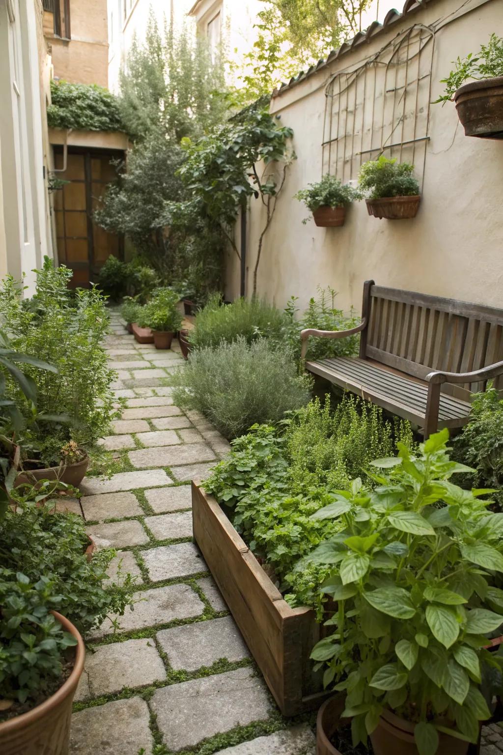 An herb garden adds practicality and fragrance to your courtyard.