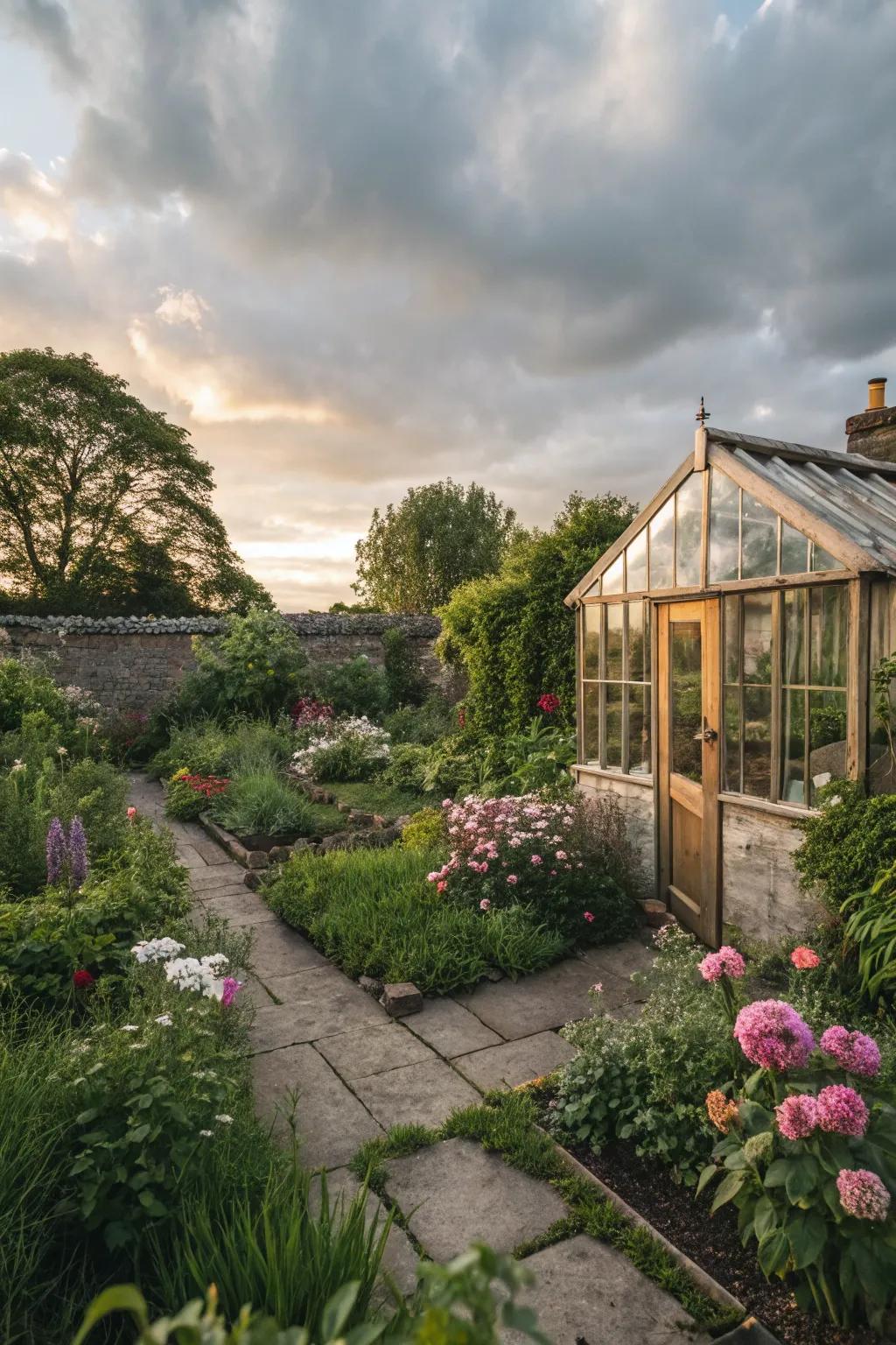 A small greenhouse adds charm and utility.