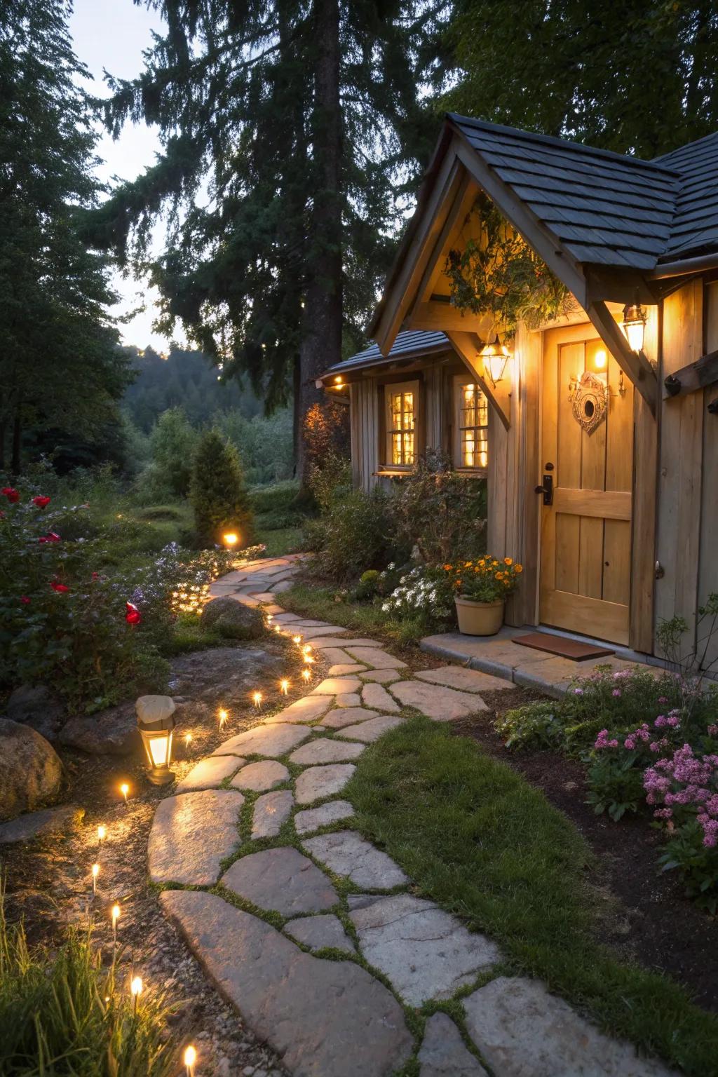 Magical stone pathway lights illuminating the path to the porch.