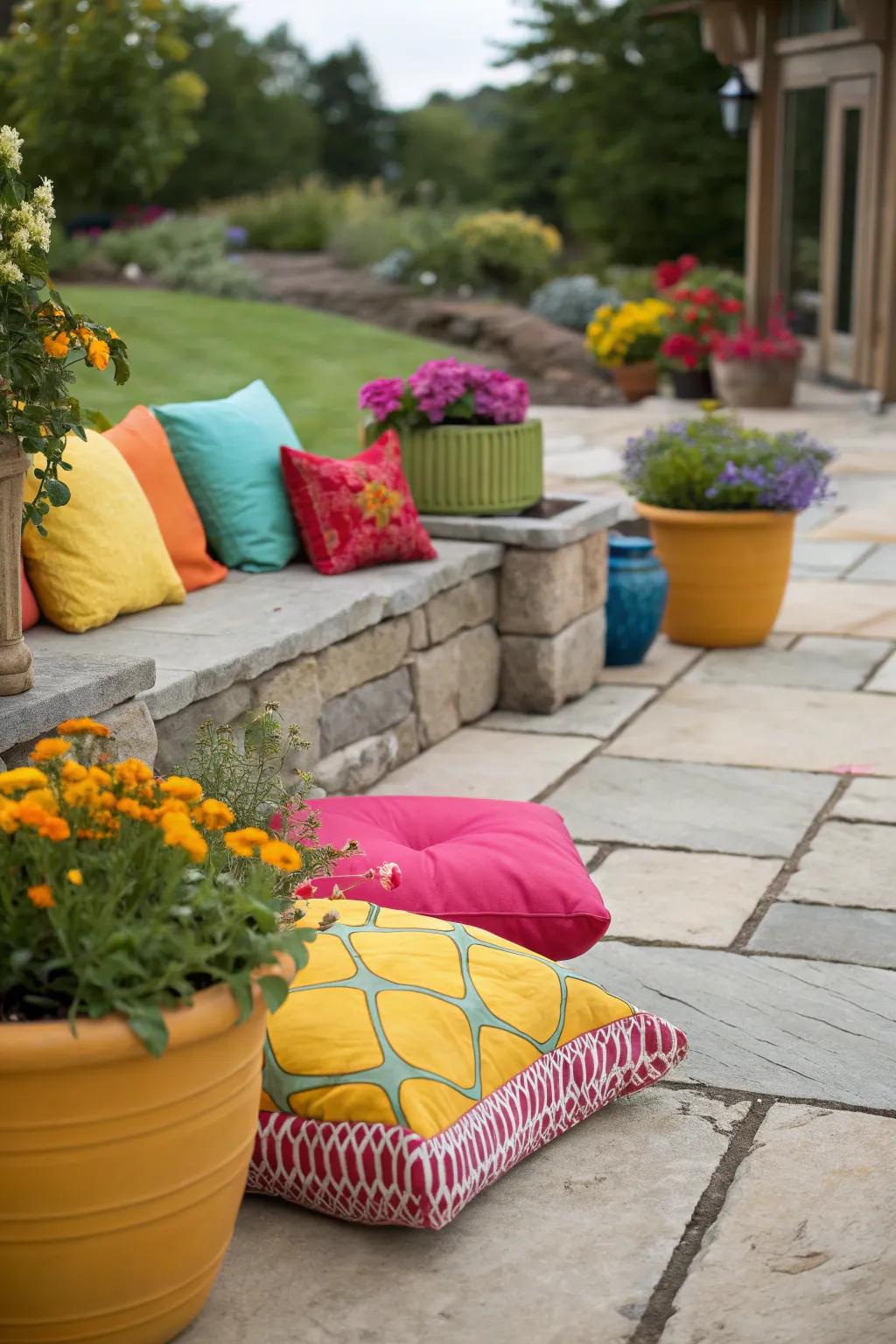 Colorful accents bring energy and personality to the patio.