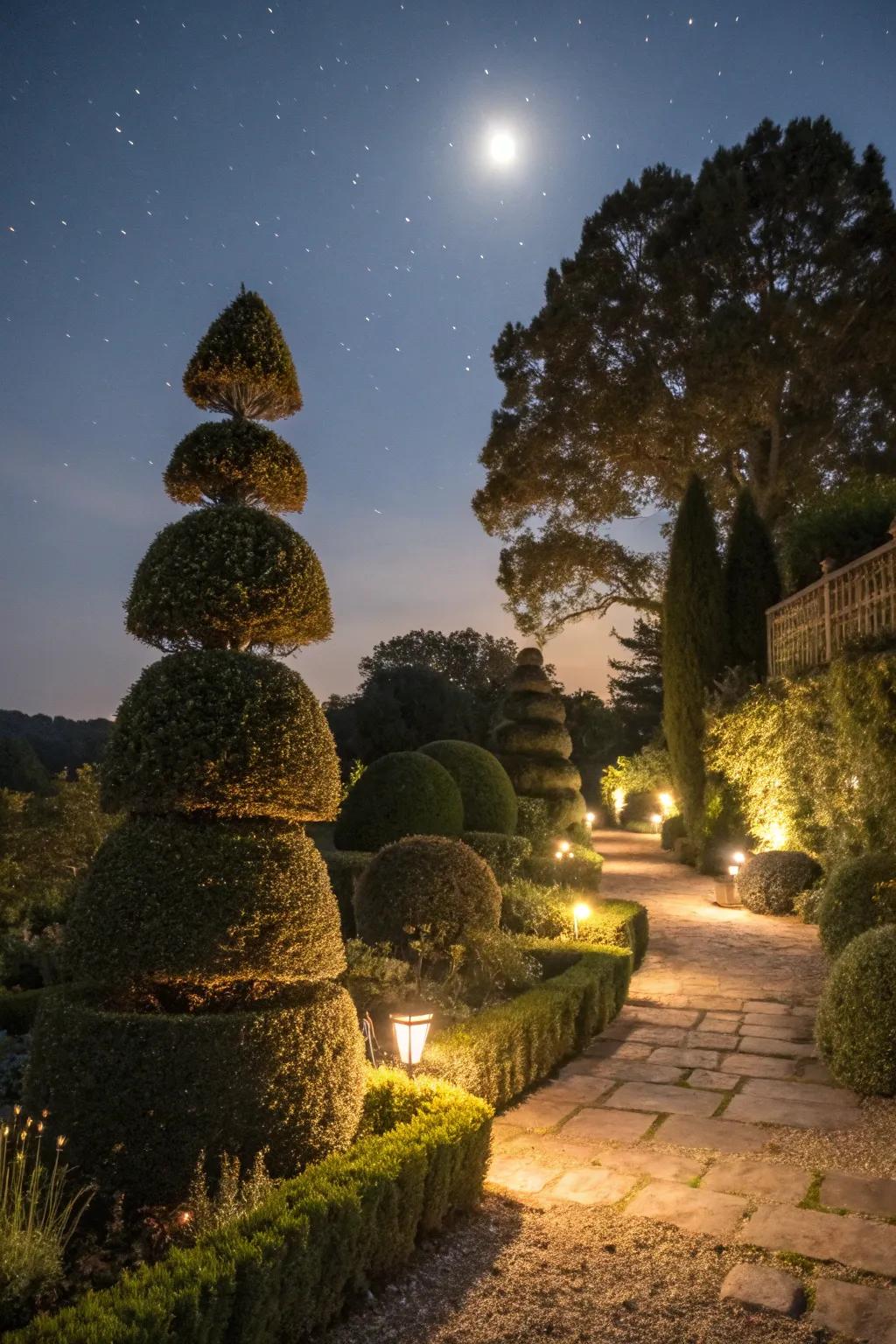Strategic lighting enhances topiary at night.