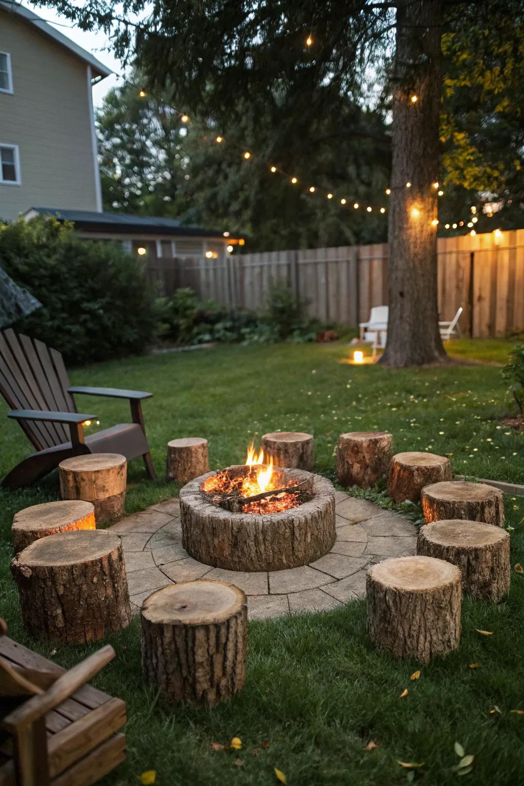 Fire pit seating crafted from small tree stumps.
