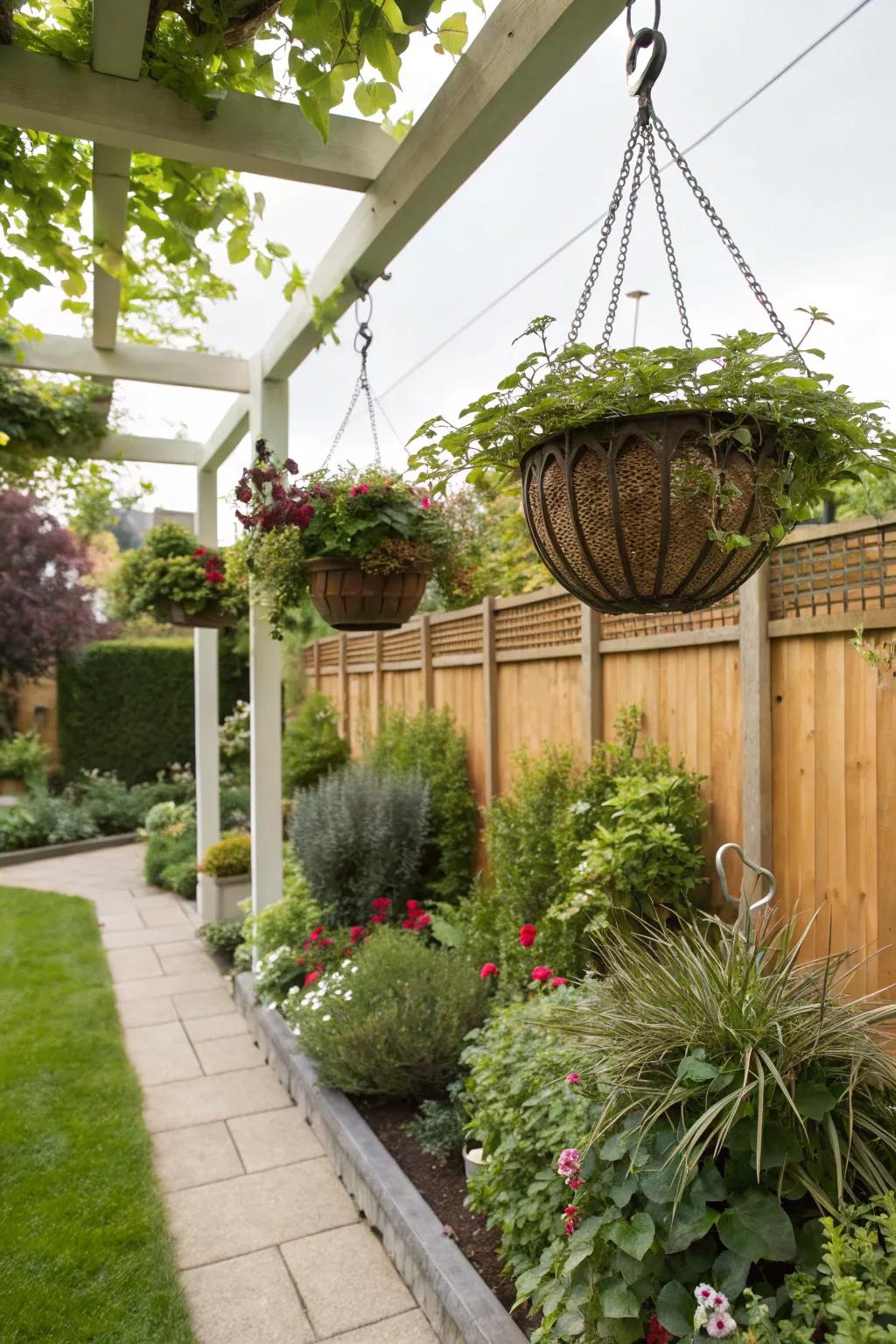 A small garden with lush green hanging planters