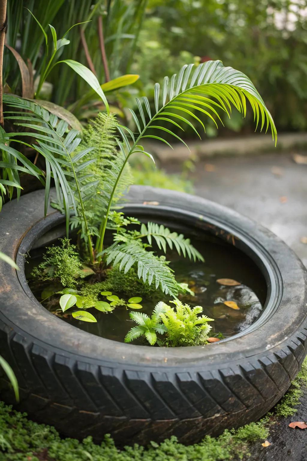A tropical tire basin adding exotic flair to any garden.