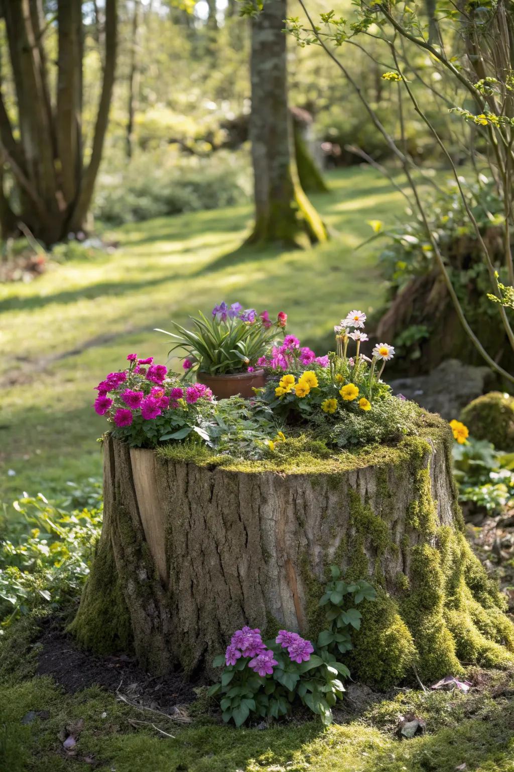 A tree stump planter adds rustic charm to the garden.
