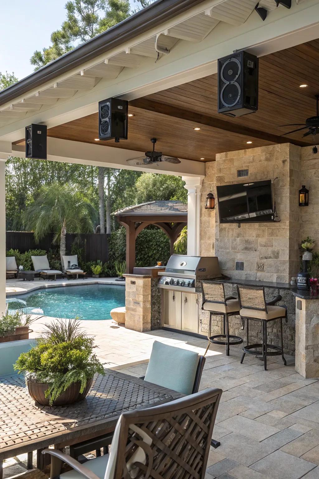 Outdoor sound systems enhance entertainment possibilities.
