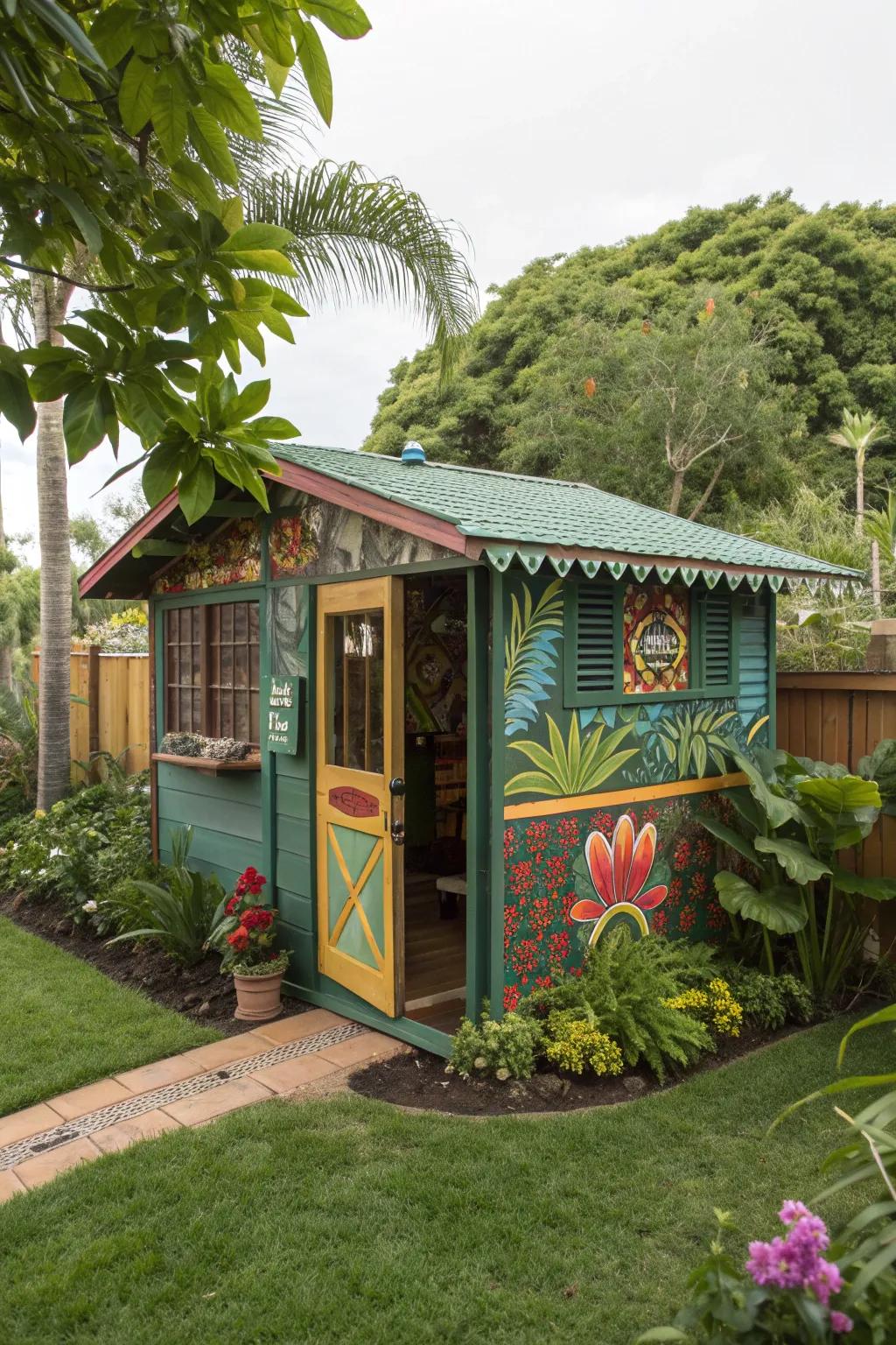 An eclectic jungle smoker shack, wild and vibrant.