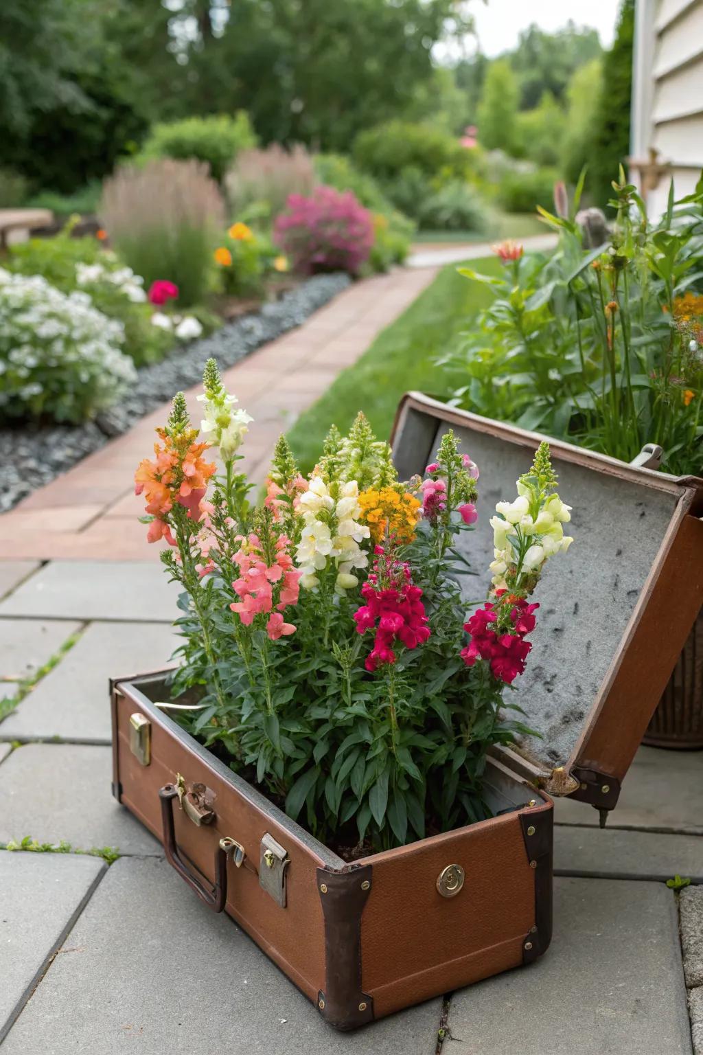 Vintage suitcase repurposed as a planter for snapdragons, adding a surprising element to the garden.